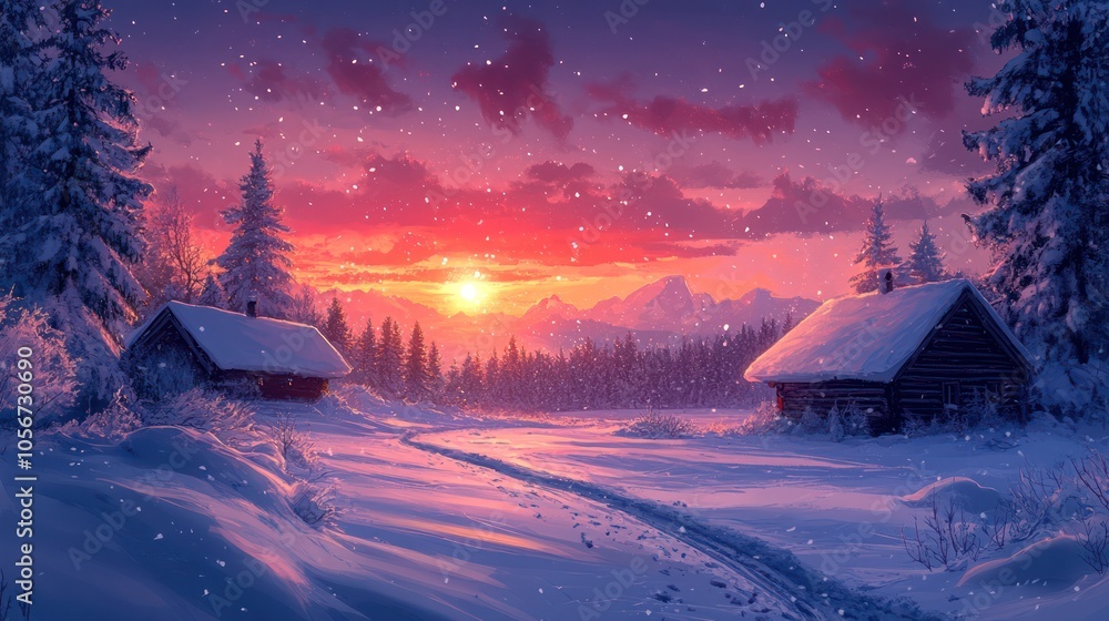 Winter landscape scene. winter countryside area. winter sunset landscape with snowfall Winter landscape scene. winter countryside area. winter sunset landscape with snowfall
