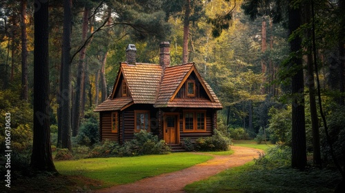 A charming wooden house in a forest garden, shaded by towering pines