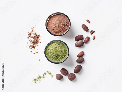 Collagen supplements MODERN WITH A TWIST AND A LITTLE COLOUR MINIMALIST powder form ceremonial matcha and cacao with focus on cocoa seeds