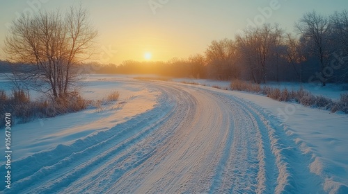 Winter landscape scene. winter countryside area. winter sunset landscape with snowfall