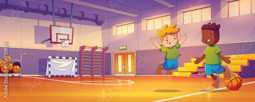 School sport gym for basketball cartoon vector. Gymnasium court interior for kid ball game. Boy player on indoor basket field for competition or training. Children on arena in campus for soccer day