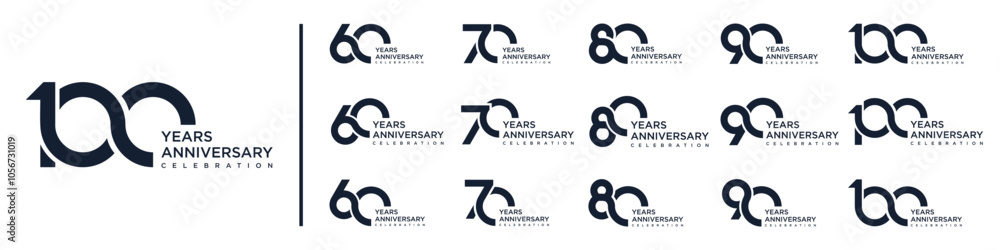 collection anniversary 60 to 100 year logo designs. abstract number for celebration event, wedding, greeting card, and invitation, vector illustration collection anniversary 60 to 100 year logo designs. abstract number for celebration event, wedding, greeting card, and invitation, vector illustration
