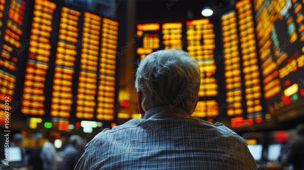 Fototapeta premium A Man Observing a Wall of Stock Market Data