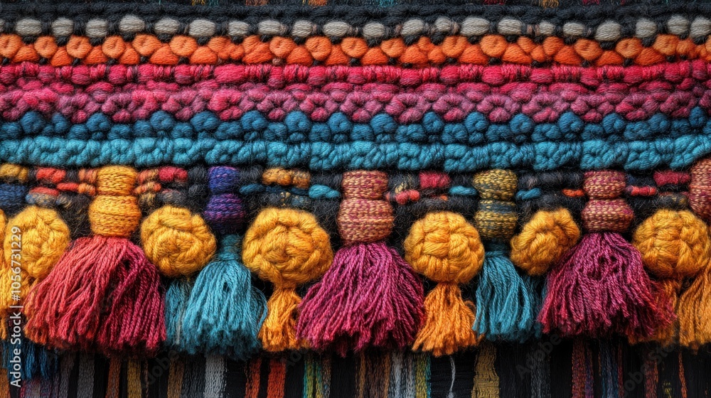 Obraz premium Colorful woven textile with intricate patterns and tassels.