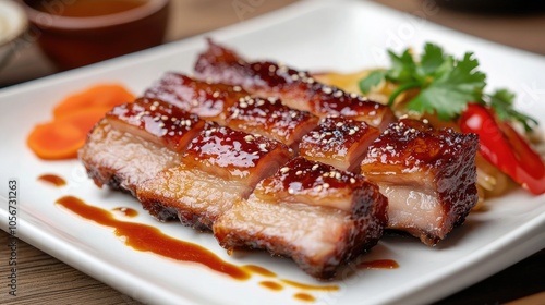 Glazed Pork Belly with Fresh Herbs and Garnish