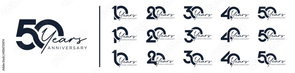 collection anniversary 10 to 50 year logo designs. abstract number for celebration event, wedding, greeting card, and invitation, vector illustration collection anniversary 10 to 50 year logo designs. abstract number for celebration event, wedding, greeting card, and invitation, vector illustration