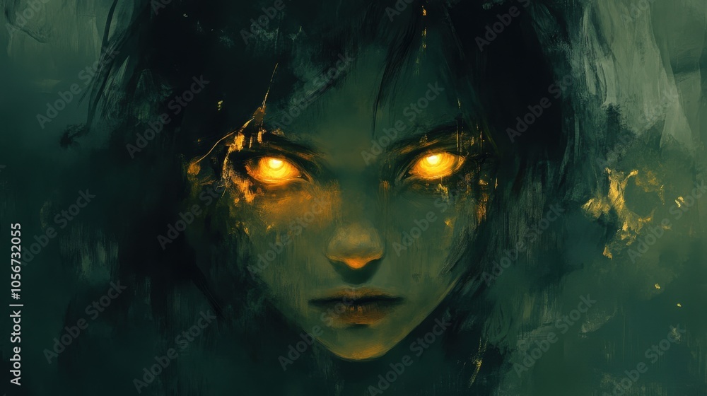 A conceptually dark and rough digital painting of a young girl with glowing eyes A conceptually dark and rough digital painting of a young girl with glowing eyes