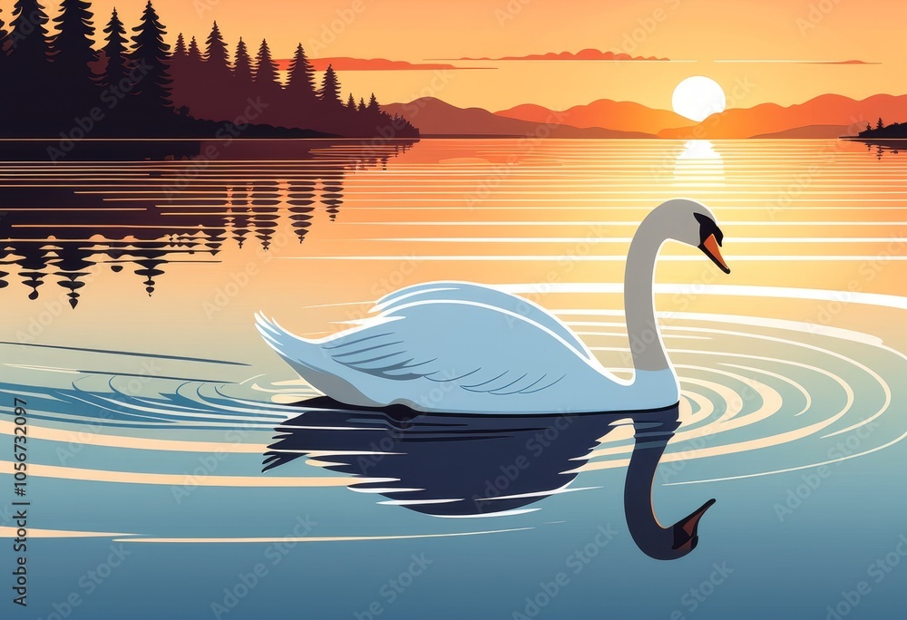 Fototapeta premium Serene swan on tranquil lake at sunset with reflective water and forest silhouette