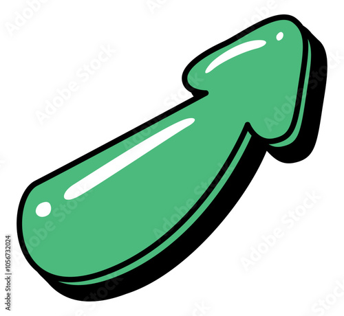 A green 3D arrow pointing upwards. The arrow is drawn in a cartoon style and has a white line down the middle