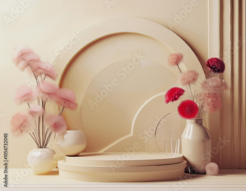 Pastel Podium Display with Flowers and Decorative Vases on Beige Background photo