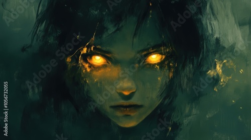 A conceptually dark and rough digital painting of a young girl with glowing eyes