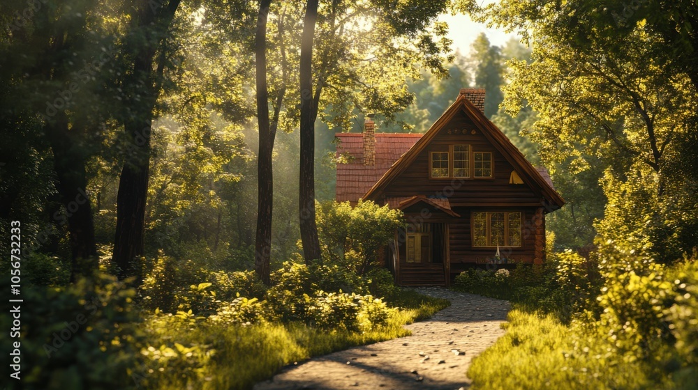 A cozy wooden house nestled under the shade of tall pine trees, A cozy wooden house nestled under the shade of tall pine trees,