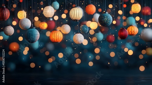 Magical Night with Floating Lanterns Illuminating the Starry Sky in a Colorful Display of Light. Festival of Lights Concept photo