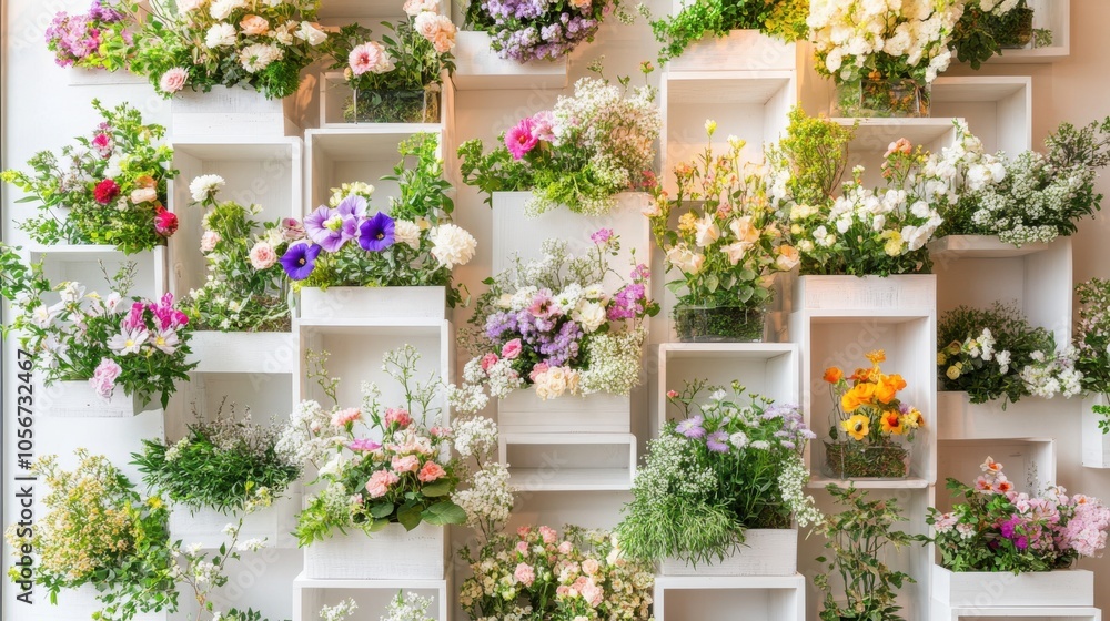 A decorative wall with white wooden boxes, each filled with a variety A decorative wall with white wooden boxes, each filled with a variety