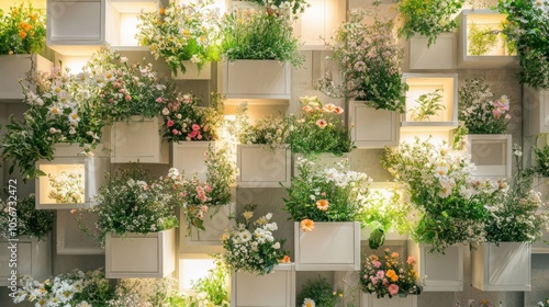 A decorative wall with white wooden boxes, each filled with a variety