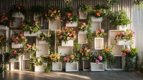 A decorative wall with white wooden boxes packed with colorful flowers