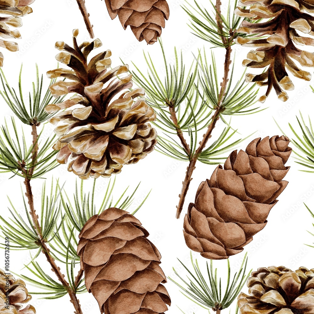 Christmas spruce and pine branch with cones Watercolor seamless pattern on white. Hand drawn illustration for New Year and winter holidays designs in realistic style. Christmas spruce and pine branch with cones Watercolor seamless pattern on white. Hand drawn illustration for New Year and winter holidays designs in realistic style.