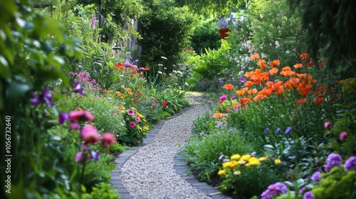 A delightful garden path adorned with an array of colorful flowers,