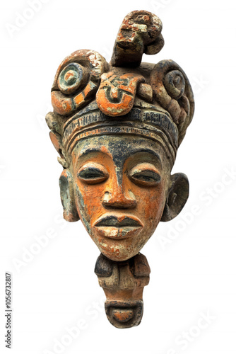 Wallpaper Mural A traditional African mask with intricate details, featuring a stylized human face and a crown-like headdress, isolated on transparent or white background Torontodigital.ca