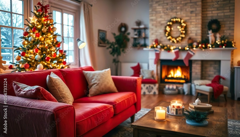 Scandinavian living room, tree christmas, Christmas decoration, light red sofa, wooden floor, simple design Scandinavian living room, tree christmas, Christmas decoration, light red sofa, wooden floor, simple design