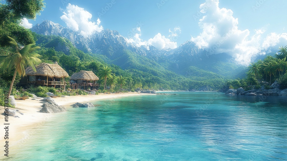 Serene tropical beach with mountains and clear waters. Serene tropical beach with mountains and clear waters.