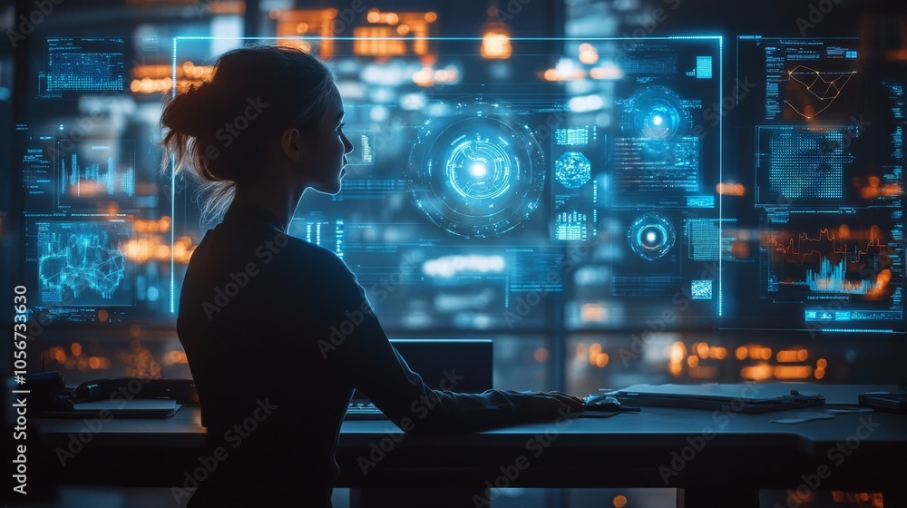 Silhouetted Woman Working with Futuristic Digital Interface
