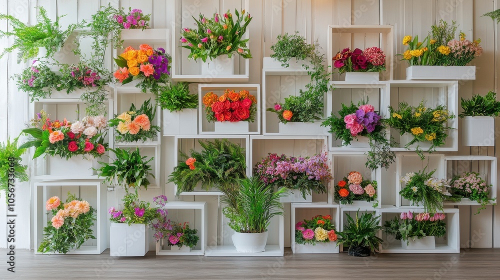 A front view of a beautifully crafted wall display of white wooden boxes, A front view of a beautifully crafted wall display of white wooden boxes,