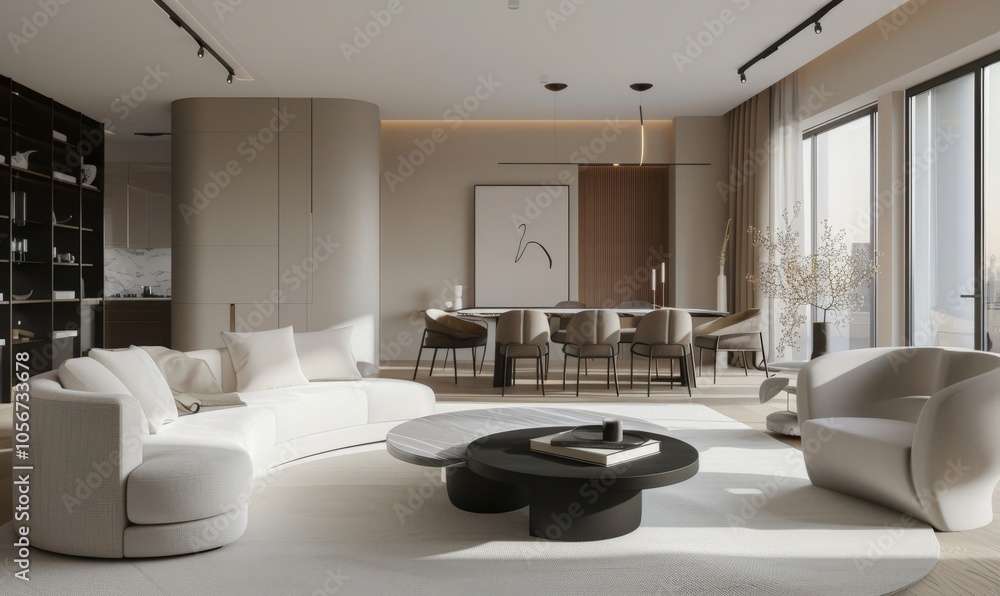 Modern living room with large windows. white sofa. coffee table. and a dining table in the background Modern living room with large windows. white sofa. coffee table. and a dining table in the background