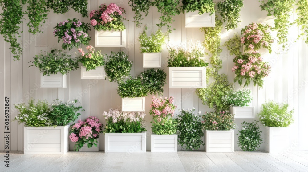 A front-facing view of a wall adorned with white wooden boxes brimming A front-facing view of a wall adorned with white wooden boxes brimming