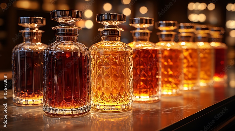 Under soft warm lighting spirits bottles glow elegantly Under soft warm lighting spirits bottles glow elegantly