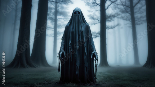 Ghostly Hooded Specter in a Misty, Haunted Forest - Digital Art