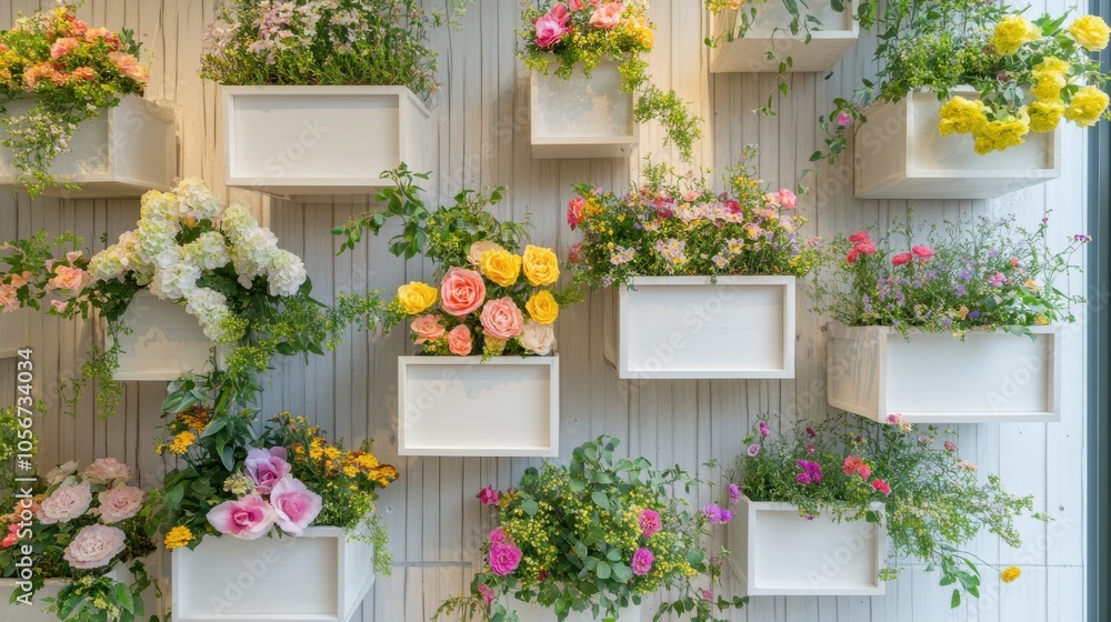 A front-facing view of a wall display featuring white wooden boxes A front-facing view of a wall display featuring white wooden boxes