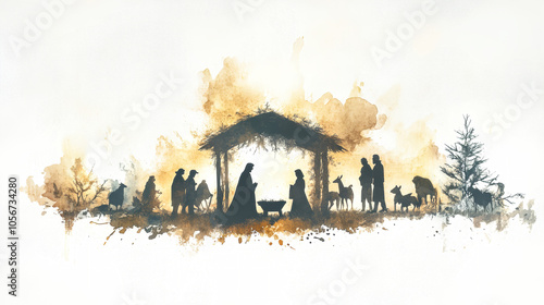 Abstract watercolor depiction of the nativity scene featuring Mary, Joseph, and baby Jesus surrounded by shepherds on a soft, neutral background photo