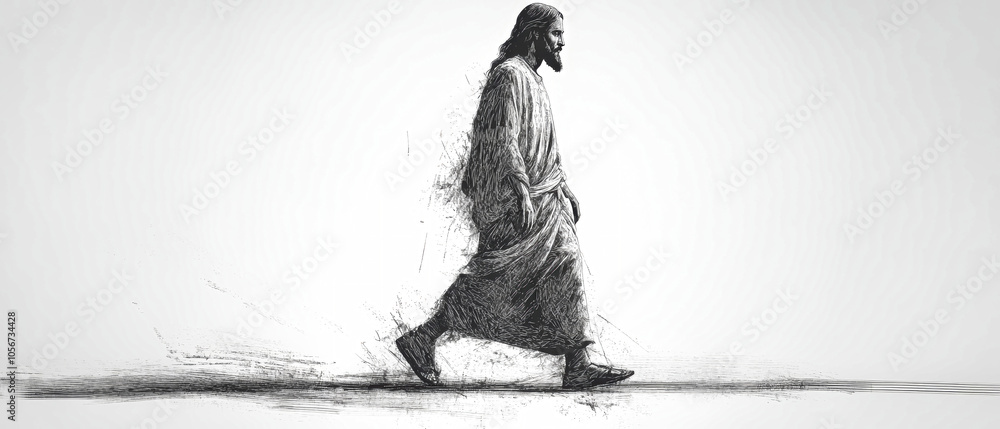 Fototapeta premium Hand-drawn illustration of Jesus walking on a white background, showcasing a full-length portrait in a realistic and detailed style