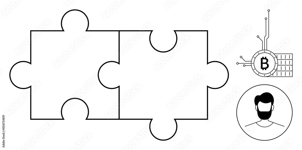 Two interconnected puzzle pieces. To the right, a blockchain symbol with a Bitcoin icon and a man with a beard inside a circle. Ideal for digital identity, blockchain, cryptocurrency, technology Two interconnected puzzle pieces. To the right, a blockchain symbol with a Bitcoin icon and a man with a beard inside a circle. Ideal for digital identity, blockchain, cryptocurrency, technology