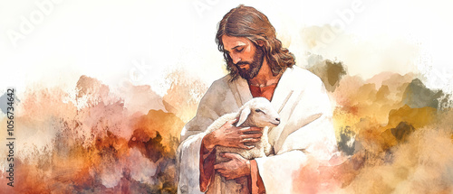 Jesus Christ holding a lamb in his arms in a serene landscape, dressed in a white robe with gentle colors, highlighting compassion and peace photo