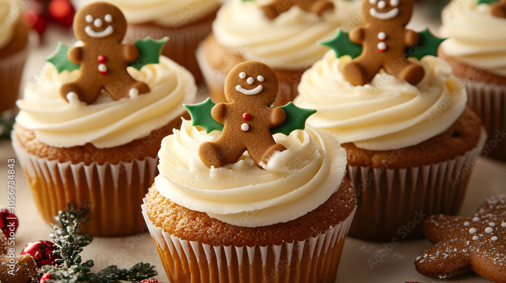 Close-up of festive Christmas cupcakes decorated with gingerbread man and holly leaf toppers, perfect for holiday celebrations and dessert displays.