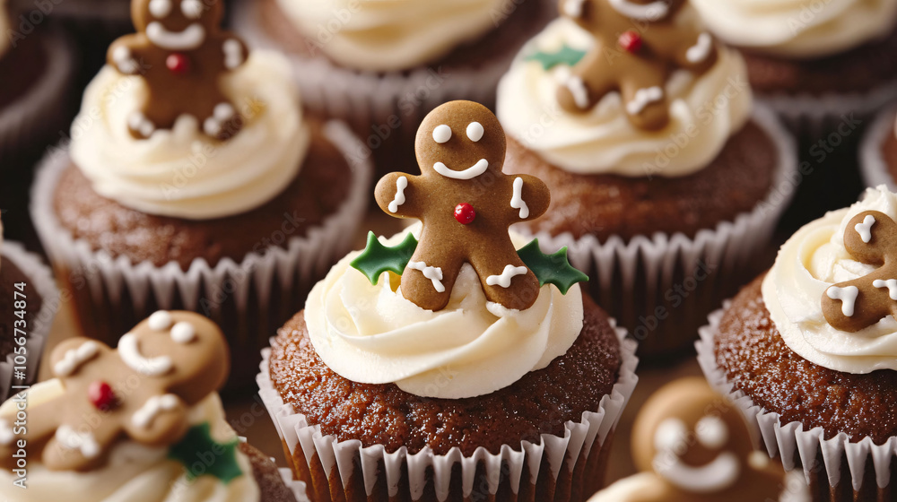 Chocolate cupcakes topped with frosting, gingerbread men, and holly leaf decorations, creating a festive dessert perfect for holiday celebrations. Chocolate cupcakes topped with frosting, gingerbread men, and holly leaf decorations, creating a festive dessert perfect for holiday celebrations.