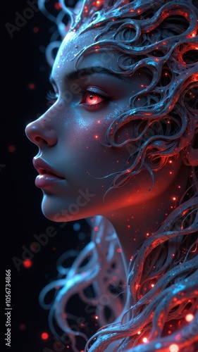 A woman with glowing red eyes looks off to the side, her face illuminated by blue and red lights