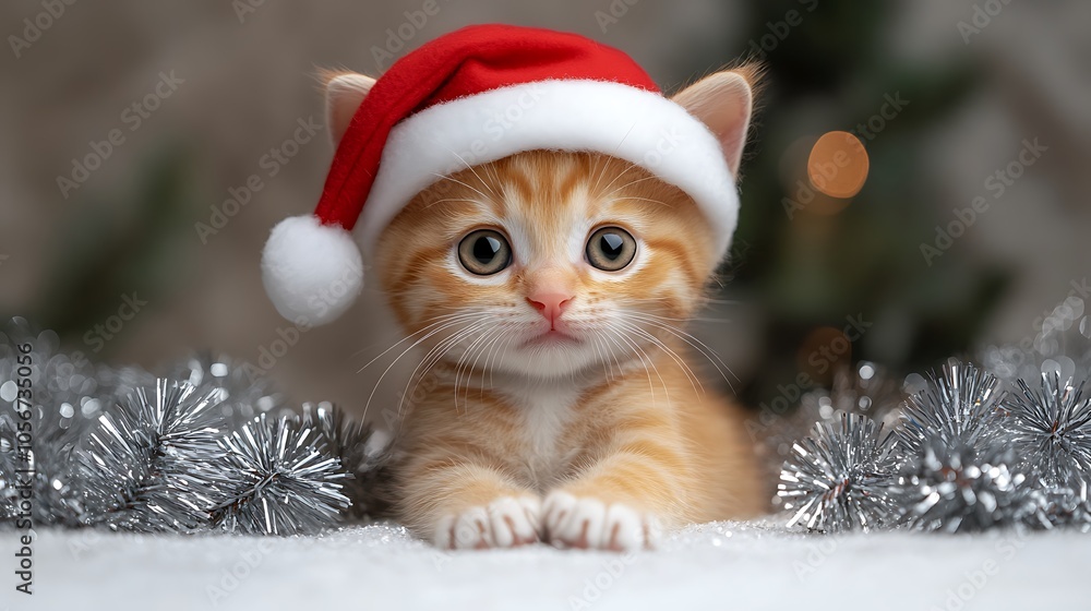 An adorable ginger kitten posing in a cozy holiday setting, donning a festive green and red Christmas hat while surrounded by glistening silver tinsel and glittering snowflakes. An adorable ginger kitten posing in a cozy holiday setting, donning a festive green and red Christmas hat while surrounded by glistening silver tinsel and glittering snowflakes.