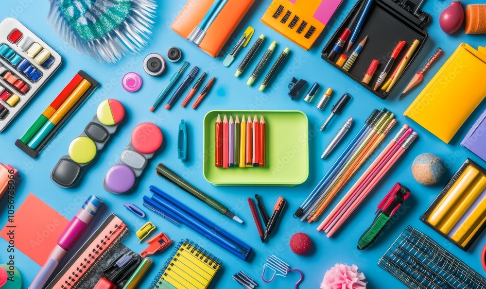 Top view of colorful school supplies on blue background Top view of colorful school supplies on blue background