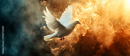 A white dove gracefully emerges from vivid flames against a dark, abstract background filled with smoke, showcasing thematic digital artistry photo