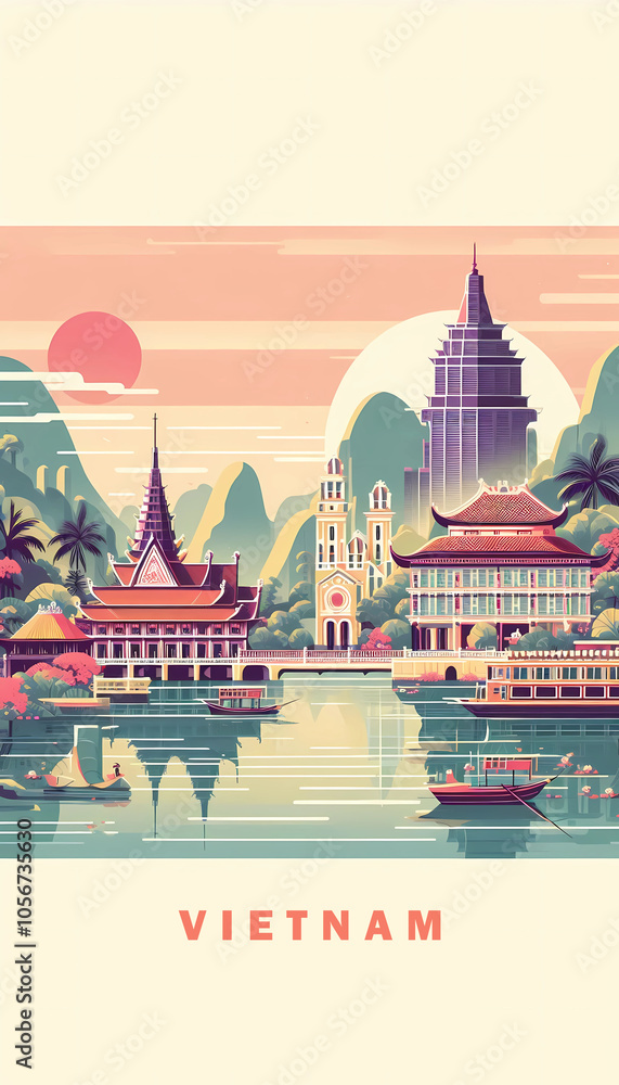 Naklejka premium Serene Waters of Vietnam - A Minimalist Travel Poster