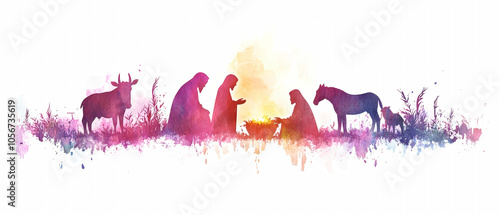 Watercolor nativity scene depicting the birth of Jesus Christ with simple silhouettes and vibrant colors, evoking a rustic Christmas spirit photo