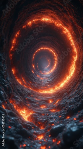 A fiery spiral glows within a dark, rocky tunnel