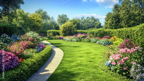 A peaceful garden path meandering through a floral paradise,