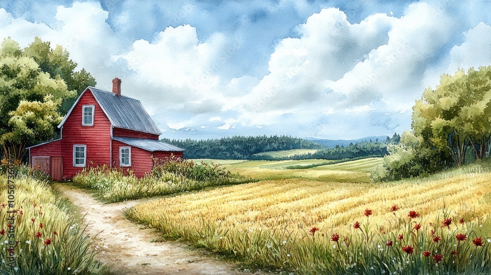 Serene countryside scene with a red house and golden fields. Serene countryside scene with a red house and golden fields.