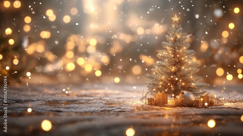 Naklejka premium Decorated Christmas Tree with Lights, Snow, and Gifts