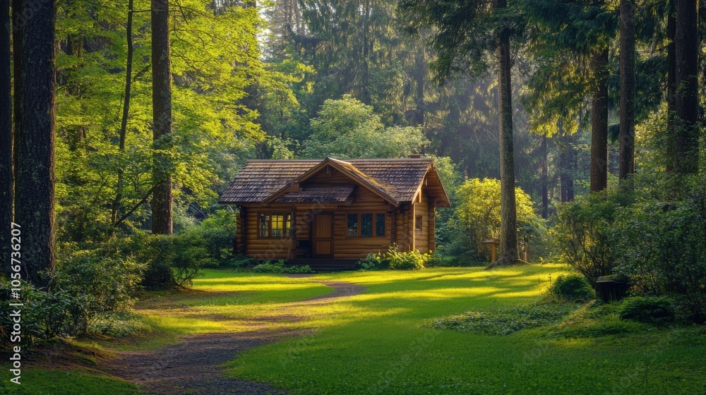 A picturesque wooden home surrounded by a vibrant forest garden, A picturesque wooden home surrounded by a vibrant forest garden,