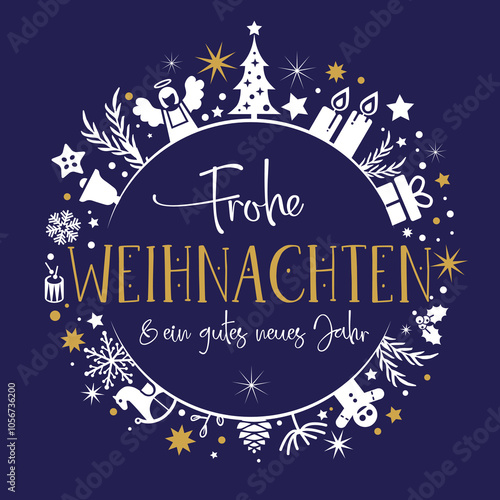 Frohe Weihnachten Kalligrafie blauer Hintergrund und deutscher Text